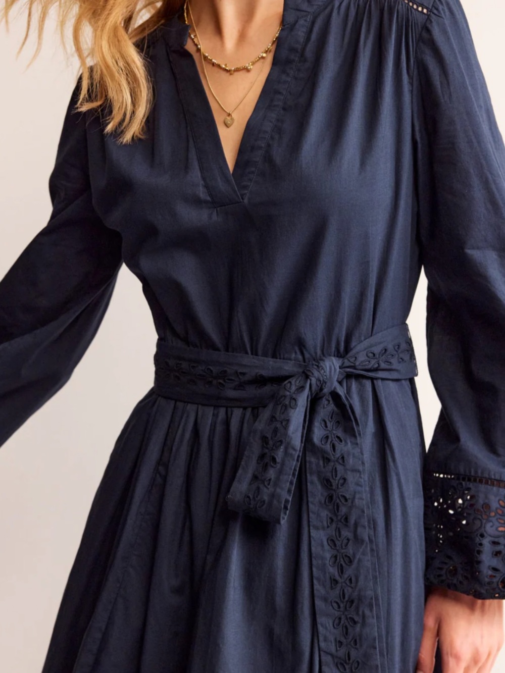 Boden Jen Broderie Cotton Midi Dress in Navy - Picture 2 of 13
